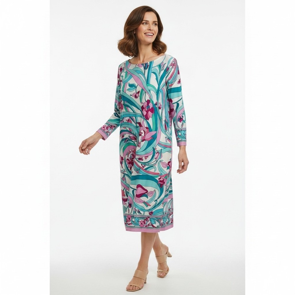 Retro Resort Swirl Floral Midi Dress 2X Aqua Pink Psychedelic Maximalist 60s 70s